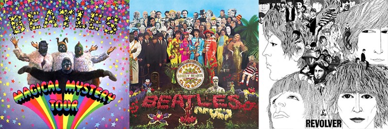 Front covers of The Beatles' albums "Magical Mystery Tour", "Sgt. Pepper's Lonely Hearts Club Band", and "Revolver"