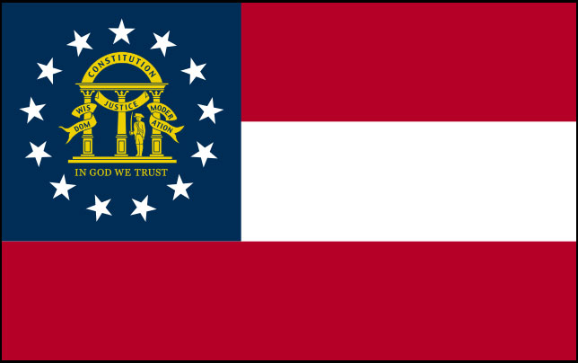 Rectangular flag featuring three horizontal stripes of equal size, red on top and bottom and white in the center, and a square blue field in the upper left third containing a circle of 13 white stars with the Georgia coat of arms in the center