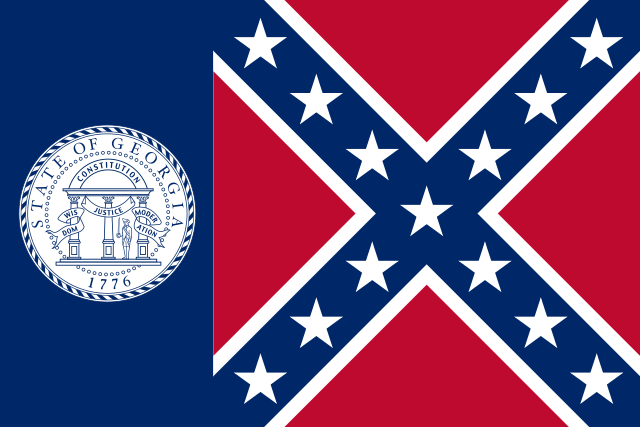 A rectangular flag, the right two thirds consisting of a pair of crossing diagonal blue bars, against a square red field, each bar outlined with thin white bands and with seven white stars along their centers, the two bands sharing a star at their intersection; and the left third consisting of a blue field with the state seal of Georgia on it.
