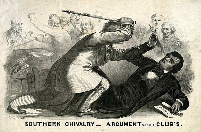 Engraving showing a man in a white suit attacking a man in a black suit with a cane, while a few men in the background look on, some with amusement, and others ignore the scene while arguing among themselves. The caption reads: Southern chivalry - argument versus clubs.